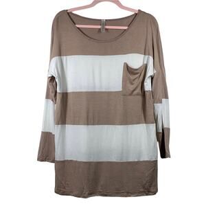 MISS 2 DAY Tan White Striped Long Sleeve Blouse Medium